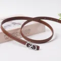 Women brown thin leather belt with silver tone metal buckle, elegant waist accessory for jeans. - 100cm / 1.5 Caramel