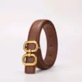 Women's brown leather belt with stylish gold double ring buckle, versatile and chic accessory. - Caramel color