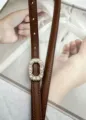 Genuine leather belt with pearl rhinestone buckle elegant women dress pants decorative accessory - 100cm / Caramel color