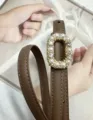 Brown leather belt with pearl rhinestone buckle, elegant women waist accessory for dresses. - 100cm / Gray