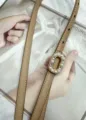 Genuine leather belt for women with pearl rhinestone D buckle thin dress strap accessory. - Beige