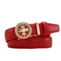Cinturón de cuero rojo para mujer con hebilla redonda cruz estrás moda accesorio pantalón - Strass Rojo / 115cm