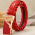 Red genuine leather belt for women automatic buckle stylish casual pants trousers - Red High Heels