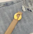 Women genuine leather belt with unique abstract gold metal buckle casual jeans belt - Beige