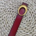 Red leather belt detail with gold oval buckle, stylish vintage accessory for women jeans. - 100cm / Red