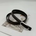 Détail en gros plan d'une fine ceinture en cuir marron foncé avec boucle ovale argentée - Café avec boucle argentée