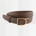 Detail view of brown leather belt with gold buckle and stitching. Perfect accessory. - Grey With Gold Buckle
