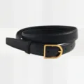 Black leather belt for women, minimalist fashion design with gold-toned D-shaped buckle. - Black Gold Clasp
