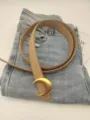 Women minimalist leather belt with gold crescent moon buckle elegant waist accessory chic design - Beige