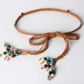 Handmade braided wax rope waist belt with beads and tassels, bohemian vintage style accessory. - Brown