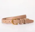 Elegant nude leather belt with gold horseshoe buckle, thin stylish accessory for women. - Beige