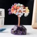 Natürlicher Kristallbaum Feng Shui Gelbbaum mit bunten Edelsteinsplittern und Rohstein Basis - Amethystsockel