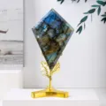 Natural labradorite diamond geometric crystal ornament with gold metal stand, blue moonstone decor. - Labradorite Geometry With Stand / Approx. 7-8cm