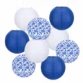 Blue and white paper lanterns set, hanging round Chinese style decor for wedding party - Blue and White Porcelain Lantern Set / 10 Inch 9 Pieces Pack / Blue and White Porcelain