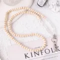 Wooden and crystal beaded phone lanyard with metal clasp and clear card holder strap. - White Crystal