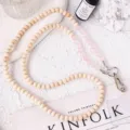Natural wood and pink crystal beaded phone lanyard strap with metal clasp and clear patch. - Rose Quartz