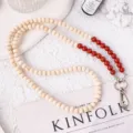 Wooden bead and red stone phone strap crossbody lanyard handmade keychain accessory stylish - Red Jasper