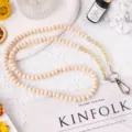 Natural wood bead and yellow crystal phone lanyard strap with metal clasp and clear card holder. - Citrine