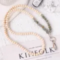 Beaded mobile phone chain lanyard with natural wood and grey stone beads, metal clasp. - Labradorite