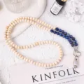 Natural wood and blue gemstone bead phone lanyard strap with metal clasp accessory variant. - Blue Sodalite