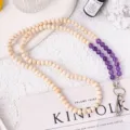 Natural wood bead and purple crystal phone charm lanyard stylish wrist strap accessory - Amethyst