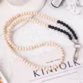 Natural wooden and black bead phone lanyard crossbody strap, handmade beaded charm. - Obsidian