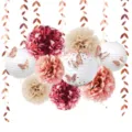 Close-up detail of hanging paper lantern and pom-pom set with rose gold butterflies for decor. - 18-Piece Lantern Set - Rose Gold