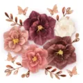 Crepe paper flowers set 3D paper flowers butterflies leaves detail view home decor - Rose Gold Crepe Paper Flower Set