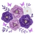 Close-up detail of handcrafted purple crepe paper flowers, elegant butterflies and leaves. - Purple Crepe Paper Set