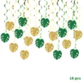 Hawaiian party hanging swirl decorations with glitter monstera leaves, 18 pieces set for beach. - 18-Piece Set