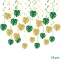 Hawaiian party hanging swirls decorations with glitter monstera leaves for tropical summer beach events. - 24 Pieces Set