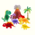 Dinosaur party decoration detail showing cute cartoon animal paper honeycomb balls and volcano set. - Dinosaur Honeycomb Ball Centerpieces 7-Piece Set