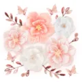 Crepe paper flowers set 3D wall decor with rose gold butterflies and leaves for party - Pink & White Crepe Paper Set