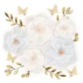 Crepe paper flower set 3D paper flowers gold leaves butterflies for party home decor - White Crepe Paper Flower Set