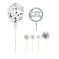Silver birthday cake topper set with confetti balloon and paper fan decorations for parties. - Silver