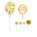 Birthday cake decoration set including confetti balloon, happy birthday topper and paper fan picks. - Gold