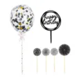 Birthday cake topper set with confetti balloon, black happy birthday sign and paper fans. - Black
