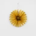 Close-up details of the gold metallic paper folding fan decoration with hanging string. - Folding Fan / Diameter 16cm / Gold