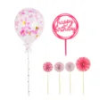 Baking birthday cake decoration set, including confetti balloon, Happy Birthday topper and paper fans. - Pink