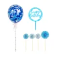 Blue birthday cake topper set detail showing confetti balloon, acrylic sign and paper fan decor. - Blue