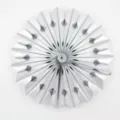 Detailed view of white hollow folding paper fan, perfect for party and wedding decoration. - Hollow Round Hole Folding Fan / 40CM Diameter / Silver