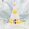 Pink cone birthday party hat for kids with pom pom and golden crown print decoration. - Crown on Pink (Pom-pom Ball)
