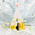 Kids birthday party cone hat with pink pom-pom and gold foil Happy Birthday text decor. - Happy Birthday Floral on Pink (Pom-pom Ball)