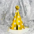 Gold birthday hat detail, featuring white polka dots and shiny sequin top for celebration. - Pink Polka Dots (Sequin Ball)