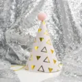 Pink gold triangle party hat with pom-pom, cute kids birthday cone hat for celebration. - Small Triangles (Pom-pom Ball)