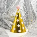 Gold polka dot party hat with pink pom-pom for kids birthday celebration and festive events. - Pink Polka Dots (Pom-pom Ball)