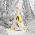Kids Birthday Party Cone Hat with Gold Tropical Leaves Pink Pom Pom Cute Celebration Cap - Leaves on Pink (Pom-pom Ball)