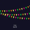 Details of the colorful fluorescent triangle flag garland, showing length and neon colors. - 3 Meters Pack