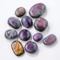 Natural labradorite polished palm stones set with vibrant purple flash crystal specimens. - 10-20g