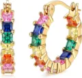 Detailed view of gold plated hoop earrings featuring colorful square cubic zirconia stones. - Gold Bright Multicolor Rhinestone Style (e2759 Style 6)